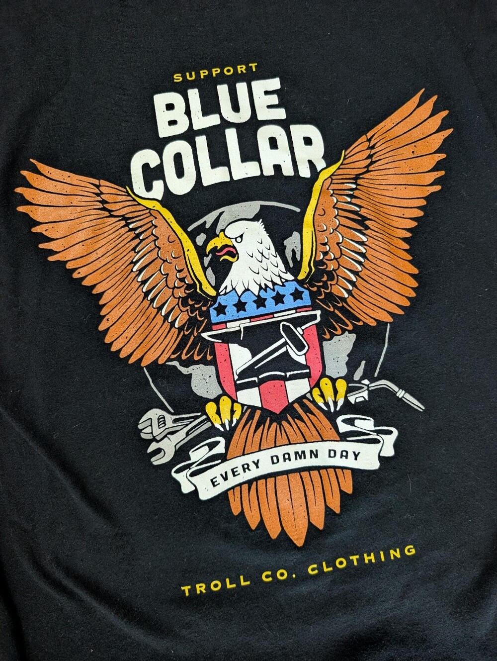Troll Co Black 'Blue Collar' Eagle Graphic Tee with Orange Accents